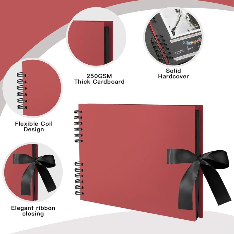EVNEED 11.5 x 8.5 Inch Scrapbook Photo Album,Wedding Guest Book Anniversary Memory Scrapbooking,Wedding Photo Album with DIY Accessories Kit for Craft Paper DIY,80 Pages (40 Sheets),Red - Image 3