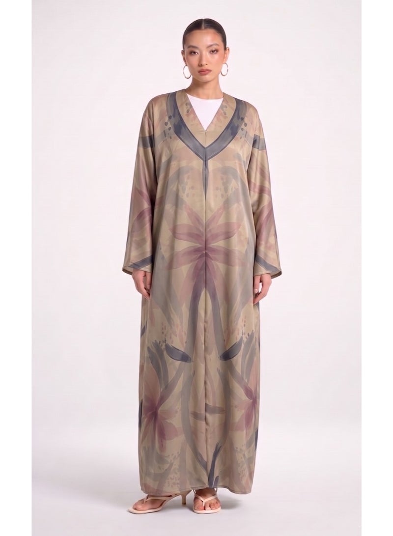 Next Abaya Beige Printed Silk Abaya - Image 1