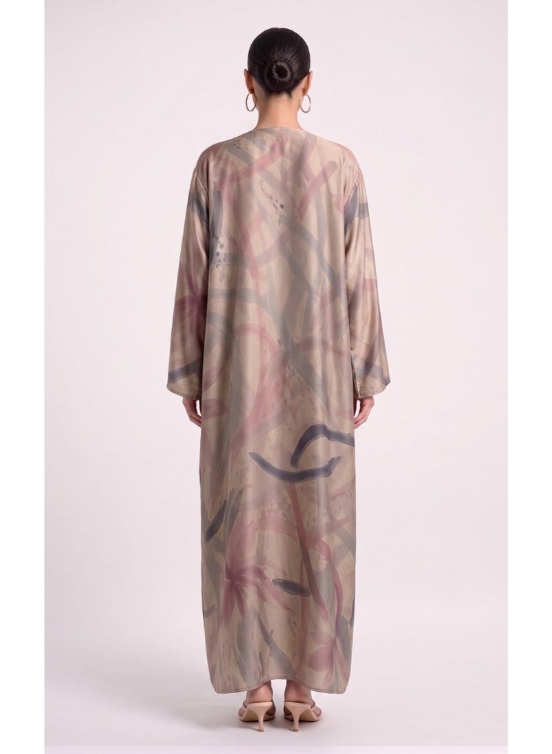 Next Abaya Beige Printed Silk Abaya - Image 2