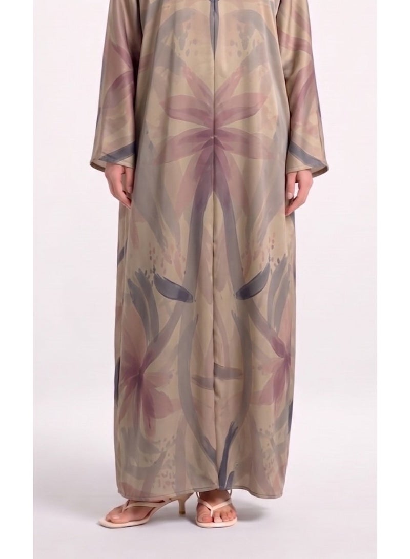 Next Abaya Beige Printed Silk Abaya - Image 3