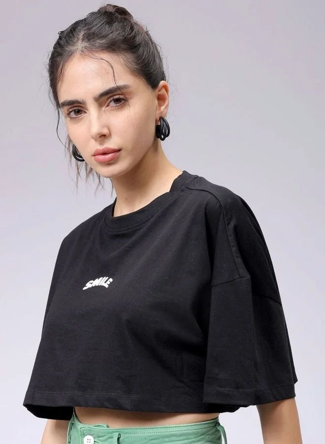 Freehand Women Boxy Fit Solid Crew Neck Short Sleeve Cropped T-Shirt