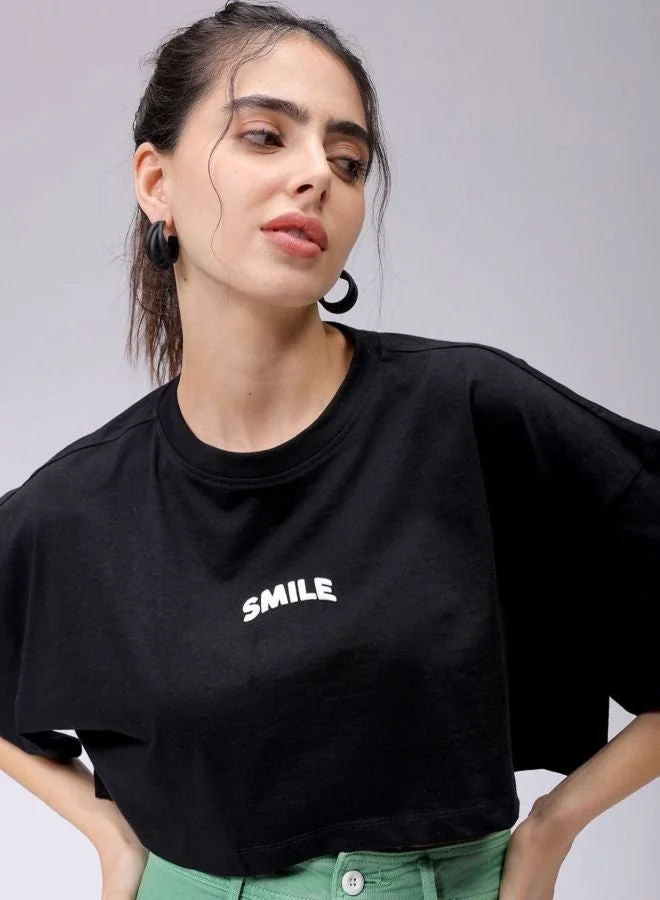 Freehand  Women Boxy Fit Solid Crew Neck Short Sleeve Cropped T-Shirt for Women | Best Price UAE