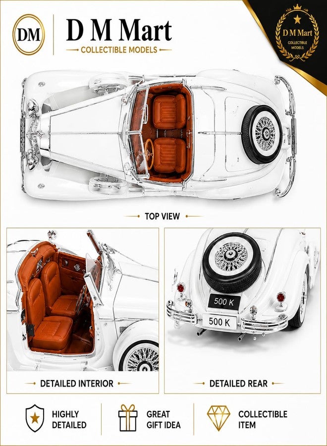 D M Mart 1:32 Scale Mercedes-Benz 500K Die-Cast Metal Toy Car with Openable Doors Light and Sound, Pull Back Function Indoor Outdoor Toy for Kids (White) - Image 2