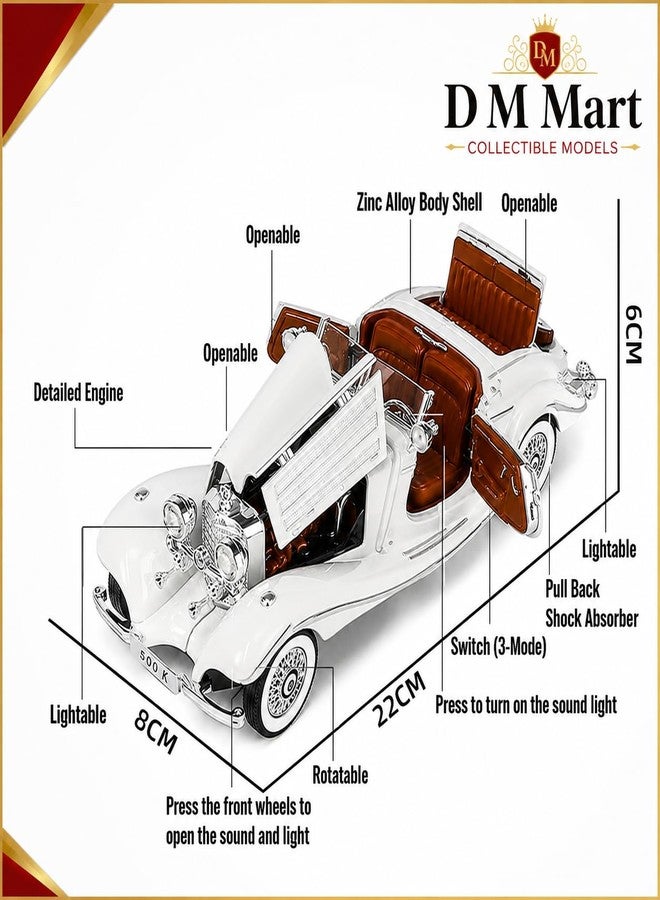 D M Mart 1:32 Scale Mercedes-Benz 500K Die-Cast Metal Toy Car with Openable Doors Light and Sound, Pull Back Function Indoor Outdoor Toy for Kids (White) - Image 3