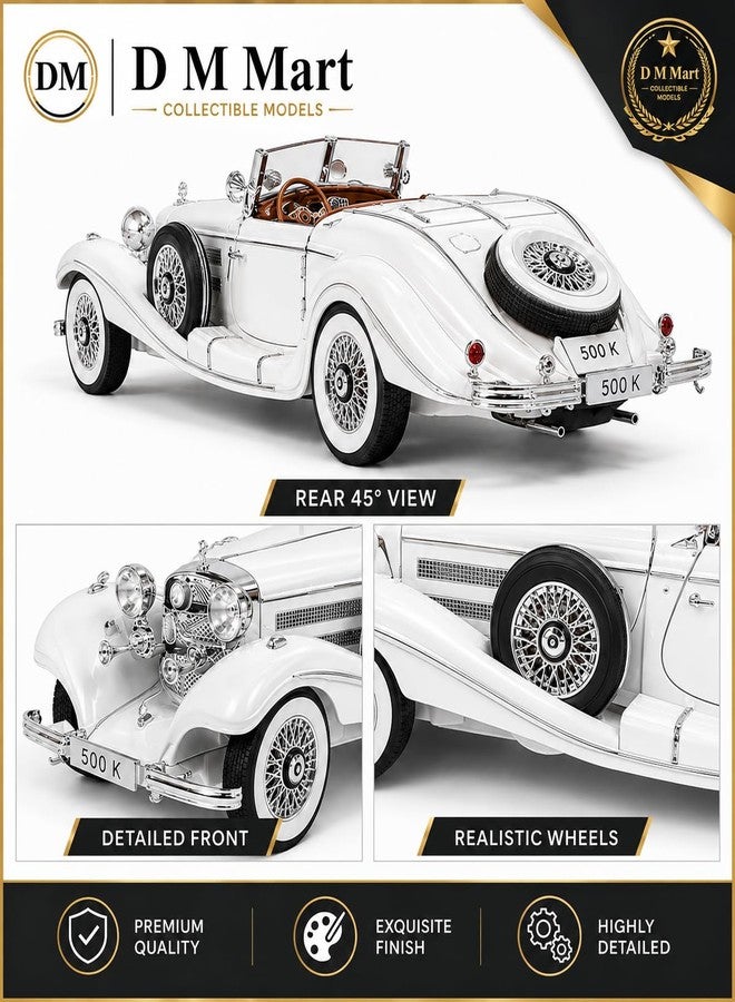 D M Mart 1:32 Scale Mercedes-Benz 500K Die-Cast Metal Toy Car with Openable Doors Light and Sound, Pull Back Function Indoor Outdoor Toy for Kids (White) - Image 4