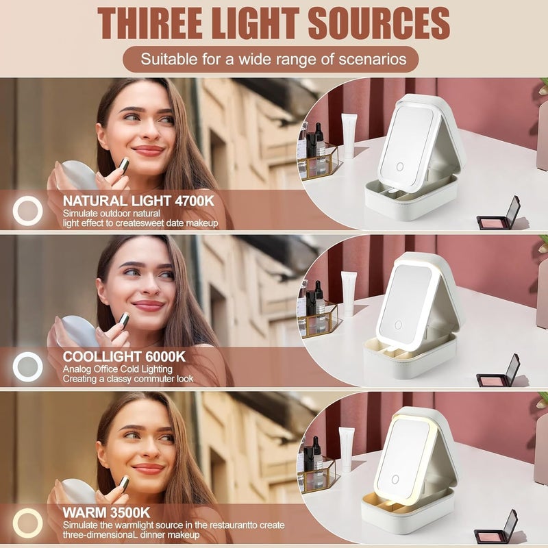 SPITEN صندوق مكياج LED من SPITEN مع مرآة ذكية | حقيبة تجميل محمولة قابلة لإعادة الشحن مع 3 إعدادات للضوء | صندوق تخزين مكياج للنساء | حقيبة ملحقات الجمال للسفر (أبيض) - Image 4