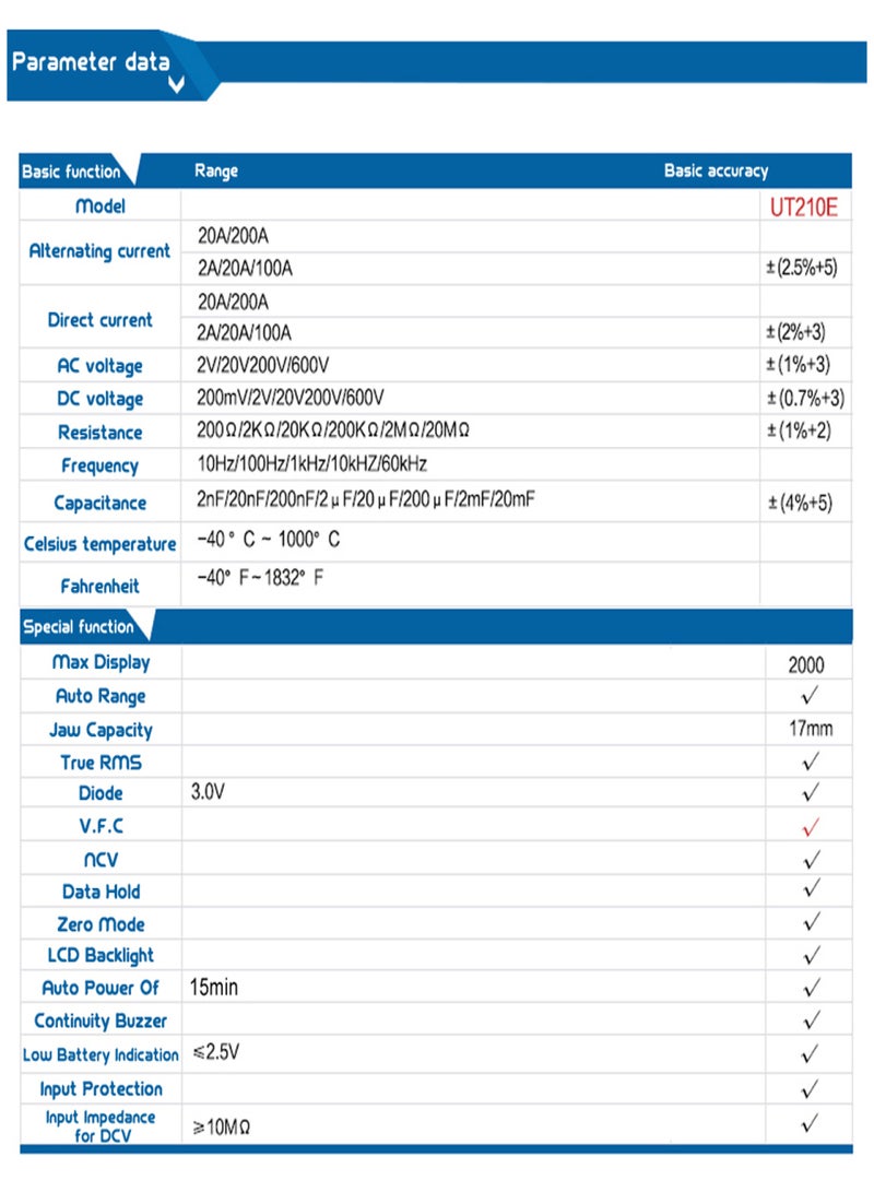 يوني تي جهاز قياس متعدد رقمي صغير محمول باليد UT210E مزود بإضاءة خلفية LCD وفولتية RMS حقيقية وأمبير ومقياس أوم وجهد تيار متردد/مستمر وسعة ومقاومة واختبار استمرارية NCV وجهاز اختبار الصمام الثنائي مع حقيبة تخزين - Image 2