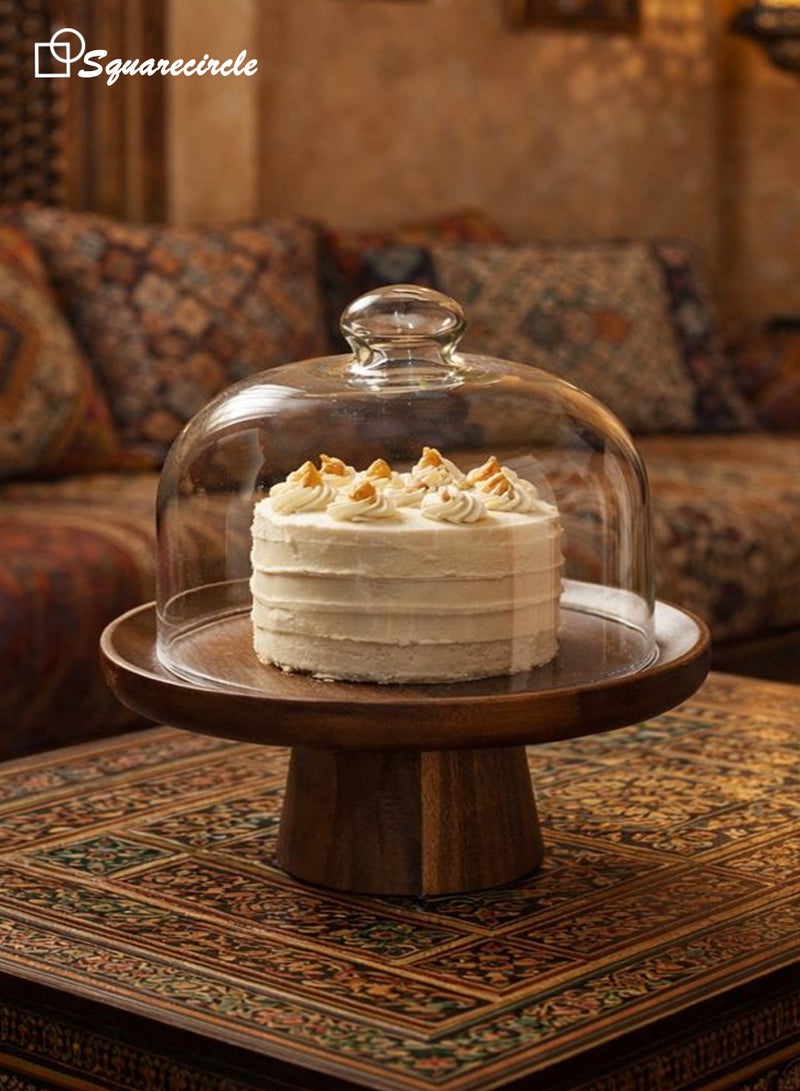 Squarecircle Wooden Cake Stand with Clear Acrylic Dome Cover – Dessert Display Tray for Cakes, Pastries & Sweets - Image 1