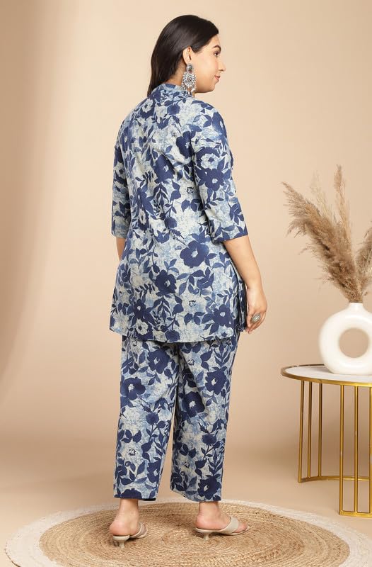 Janasya Women's Plus Size Indigo Cotton Floral A-Line Co-ord Set(XLA24CD00284-4XL) - Image 5