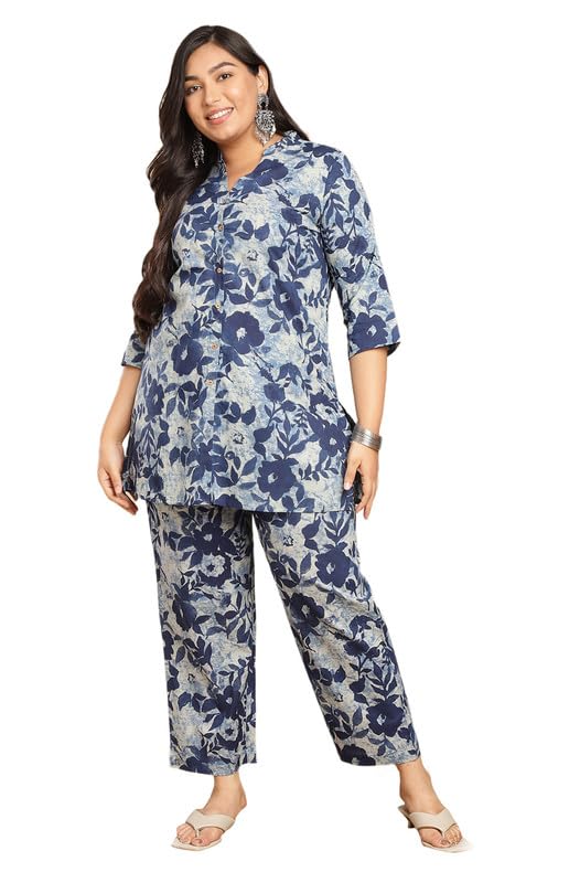 Janasya Women's Plus Size Indigo Cotton Floral A-Line Co-ord Set(XLA24CD00284-4XL) - Image 1