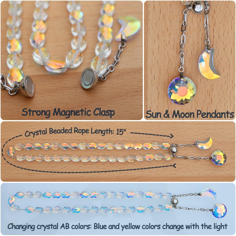 PEDOBO Magnetic Curtain Tiebacks, 2 Pack Crystal Beaded Sun & Moon Pendants Sheers/Draperies Holdbacks for Window Home Office Decor (Crystal AB) - Image 3