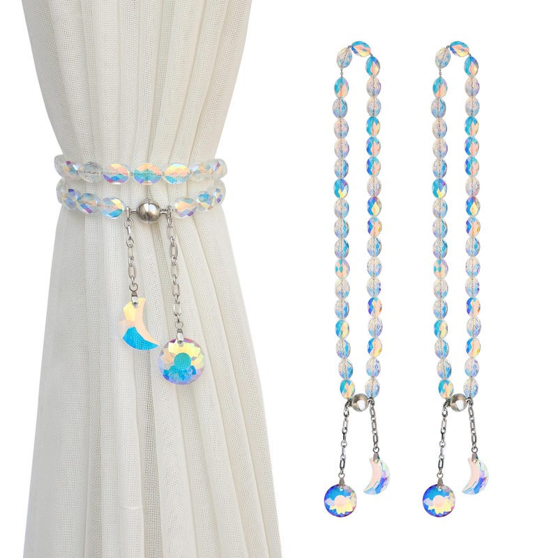 PEDOBO Magnetic Curtain Tiebacks, 2 Pack Crystal Beaded Sun & Moon Pendants Sheers/Draperies Holdbacks for Window Home Office Decor (Crystal AB) - Image 1