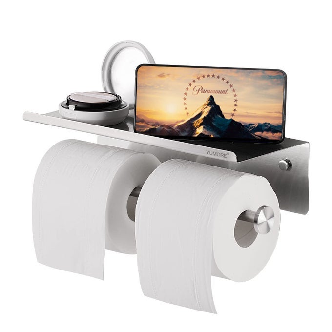 TOILET PAPER HOLDER 304 STAINLESS STEEL BATHROOM DOUBLE ROLL TISSUE HOLDER WITH SHELF WALL MOUNTED WASHROOM DUAL TP DISPENSER STORAGE FLUSHABLE WIPES DISPENSER BRUSHED NICKEL FINISH