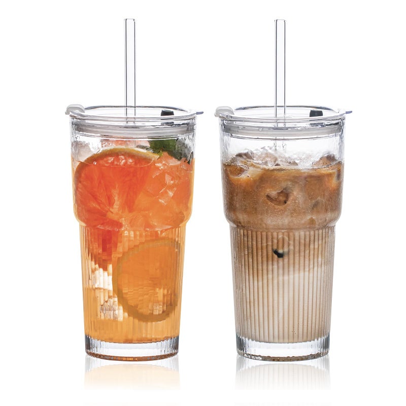 20oz Glass Tumblers with Lids and Straws Set of 2  Stylish Ribbed Design Drinking Glasses for Iced Coffee Cups Juice Smoothies Cold Beverages Includes Cleaning Brush Durable Glassware