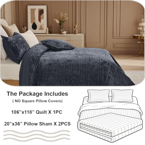 COCOPLOCEUS 3 Pieces Luxurious Velvet Oversized King Quilt Bedding Set 106x118 Striped Bedspread Coverlet Quilted Set with 2 Pillow Shams 20x36 Ultra Soft Comforter for All Season, Grey Blue - Image 5