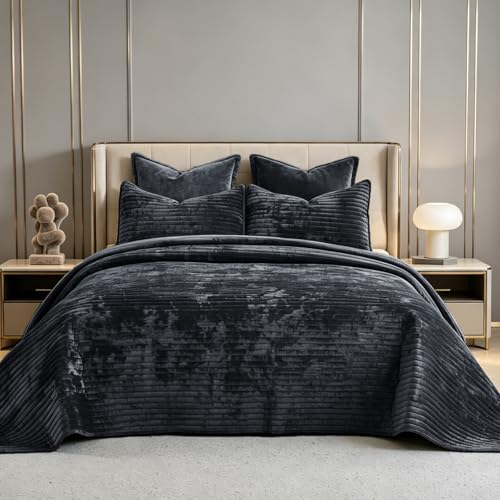 COCOPLOCEUS 3 Pieces Luxurious Velvet Oversized King Quilt Bedding Set 106x118 Striped Bedspread Coverlet Quilted Set with 2 Pillow Shams 20x36 Ultra Soft Comforter for All Season, Grey Blue - Image 1