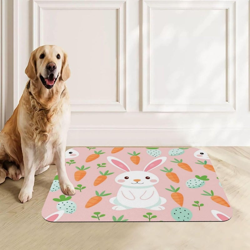 Pet Feeding Mats with Residue Collection Easter Spring Summer Bunny Cute Eggs Flowers Rabbit Dj Waterproof Dog Cat Bowl Mat 18X12In with Prevent Water Food Spills - Image 1