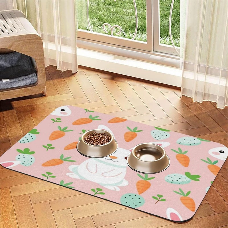 Pet Feeding Mats with Residue Collection Easter Spring Summer Bunny Cute Eggs Flowers Rabbit Dj Waterproof Dog Cat Bowl Mat 18X12In with Prevent Water Food Spills - Image 3