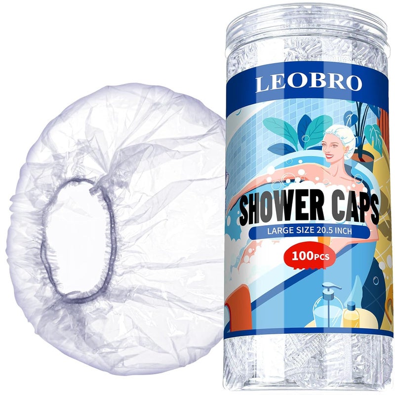 LEOBRO Large Disposable Shower Cap, 100PCS Shower Cap, Plastic Shower Caps for Women Disposable, Clear Thick Plastic Caps for Hair Treatment, Large Size 20.5 INCH - Image 1
