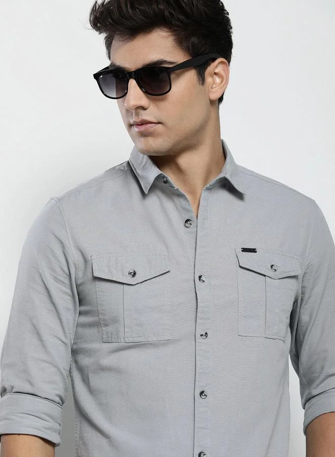 The Indian Garage Co Men Grey Solid Spread Collar Shirt