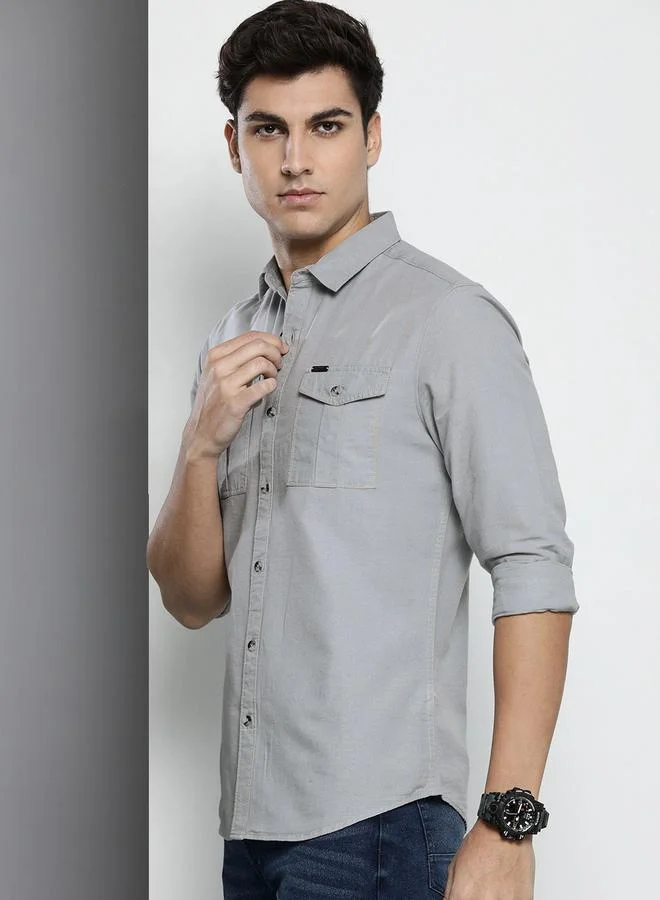 The Indian Garage Co Men Grey Solid Spread Collar Shirt
