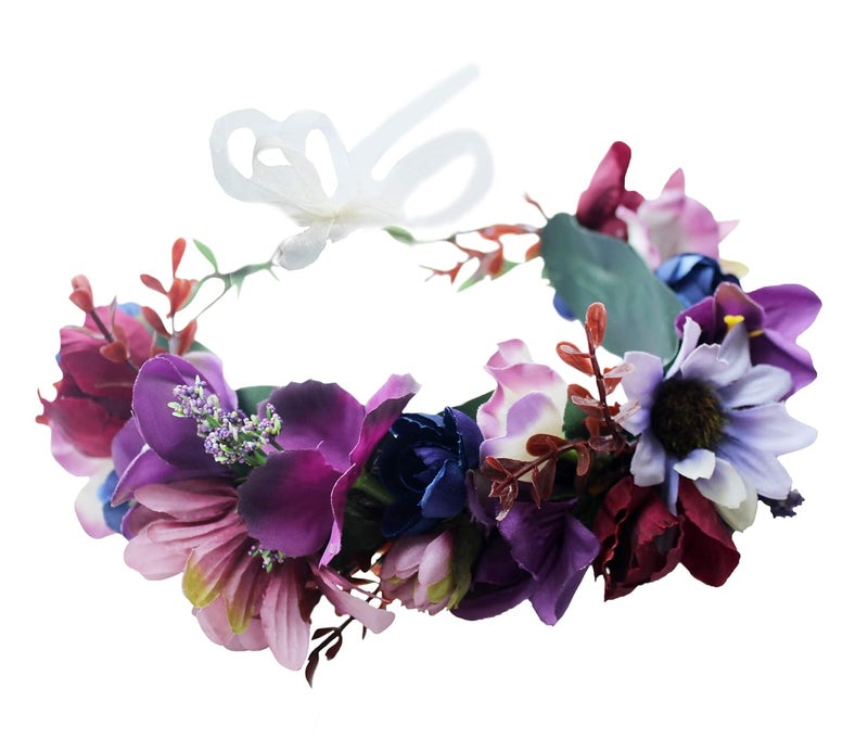 Women Floral Crown Boho Flower Headband Hair Wreath Floral Halo Headpiece with Ribbon Wedding Party Photos Purple