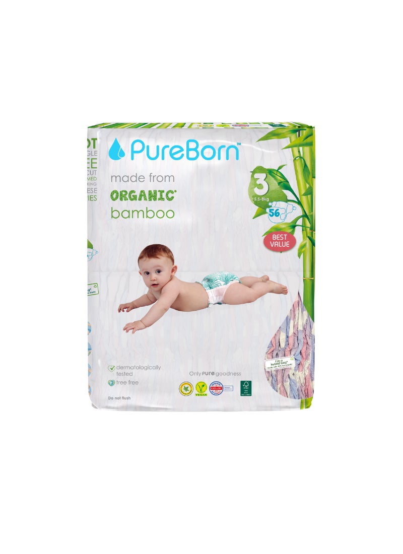 PureBorn Organic Baby Tape Style Diapers Size-3 5.5 -8 kg Cloud Print 56 Diapers - Image 1