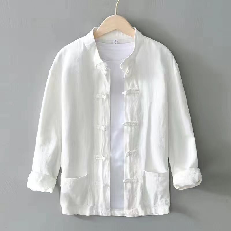 Chinese Style suit Tang Suit Mens Long-sleeved Jacket Exlonged and Fatty Chinese Style Retro Hanfu Taiji Jushifu Two-piece Set White one-piece top