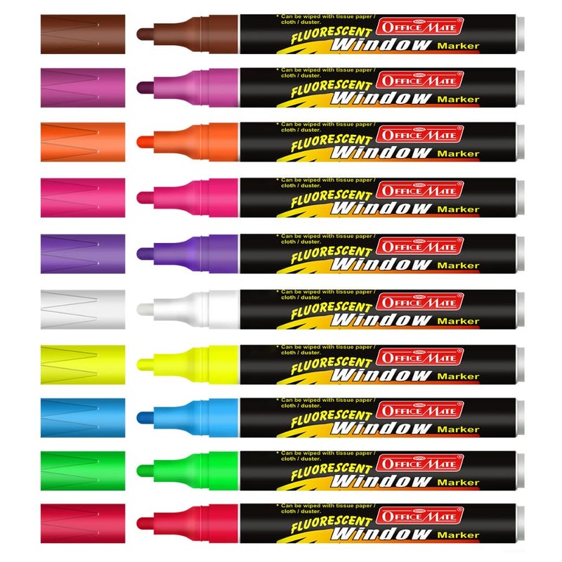 Office Mate Soni Officemate Fluorescent Chalk/Window Marker | For Cafés, Restaurants, Glass Boards, Mirrors & Window Displays | Easy Erase, Smudge-Free Ink | 4.5 mm Bullet Tip | Pack of 10 (Multicolour) - Image 2