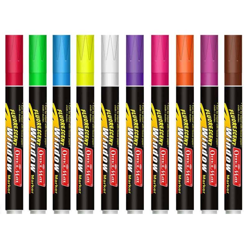 Office Mate Soni Officemate Fluorescent Chalk/Window Marker | For Cafés, Restaurants, Glass Boards, Mirrors & Window Displays | Easy Erase, Smudge-Free Ink | 4.5 mm Bullet Tip | Pack of 10 (Multicolour) - Image 1