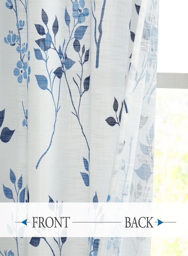 Beauoop Floral linen Semi Sheer Curtains 54 Inch Length 2 Panels for Living Room Bedroom Blue Navy Farmhouse Flower Patterned Light Filtering Textured Grommet Top Window Treatments Drapes, 50x54 2 Set - Image 3