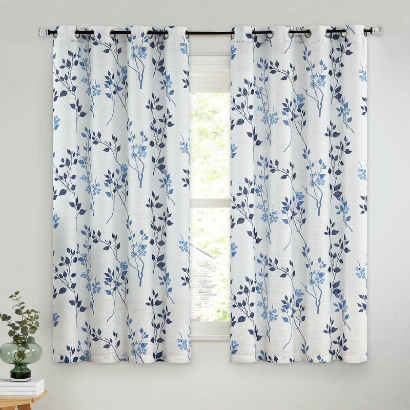 Beauoop Floral linen Semi Sheer Curtains 54 Inch Length 2 Panels for Living Room Bedroom Blue Navy Farmhouse Flower Patterned Light Filtering Textured Grommet Top Window Treatments Drapes, 50x54 2 Set - Image 1