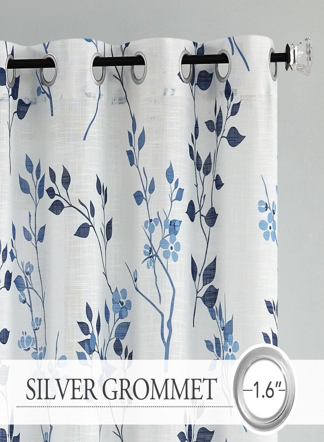 Beauoop Floral linen Semi Sheer Curtains 54 Inch Length 2 Panels for Living Room Bedroom Blue Navy Farmhouse Flower Patterned Light Filtering Textured Grommet Top Window Treatments Drapes, 50x54 2 Set - Image 2