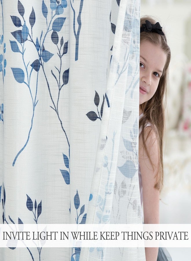 Beauoop Floral linen Semi Sheer Curtains 54 Inch Length 2 Panels for Living Room Bedroom Blue Navy Farmhouse Flower Patterned Light Filtering Textured Grommet Top Window Treatments Drapes, 50x54 2 Set - Image 5