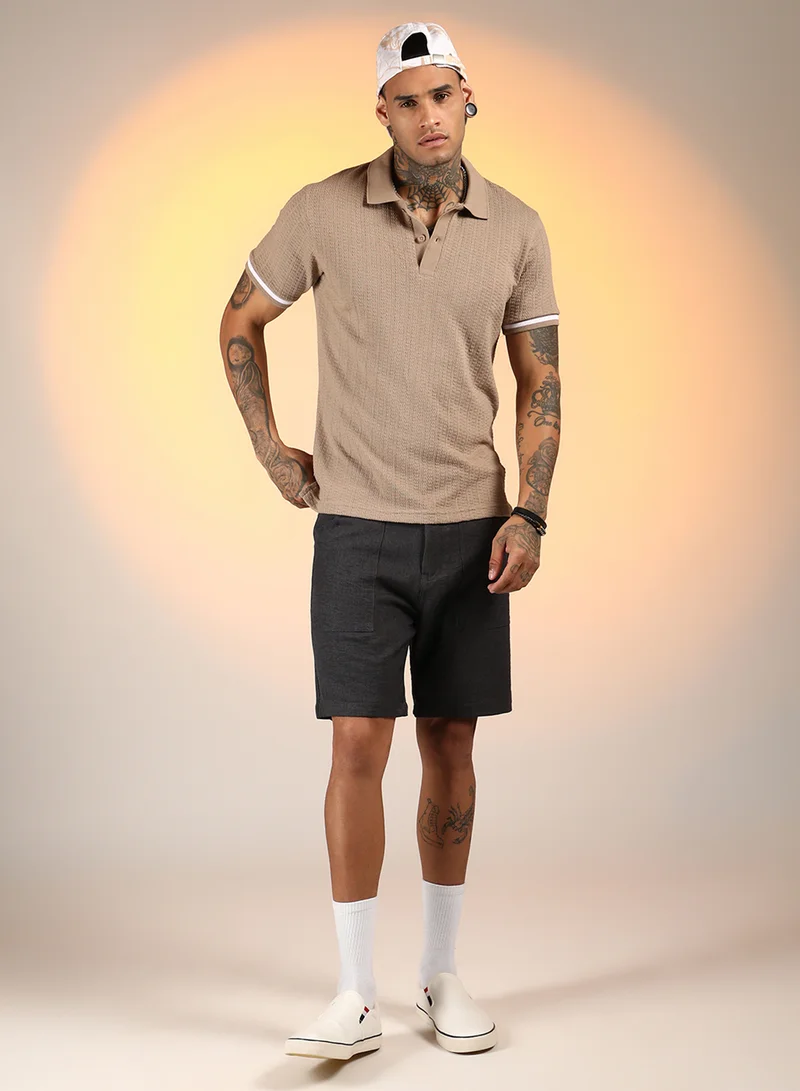 كامبوس سوترا Men's Hazelnut Beige Textured Polo T-Shirt