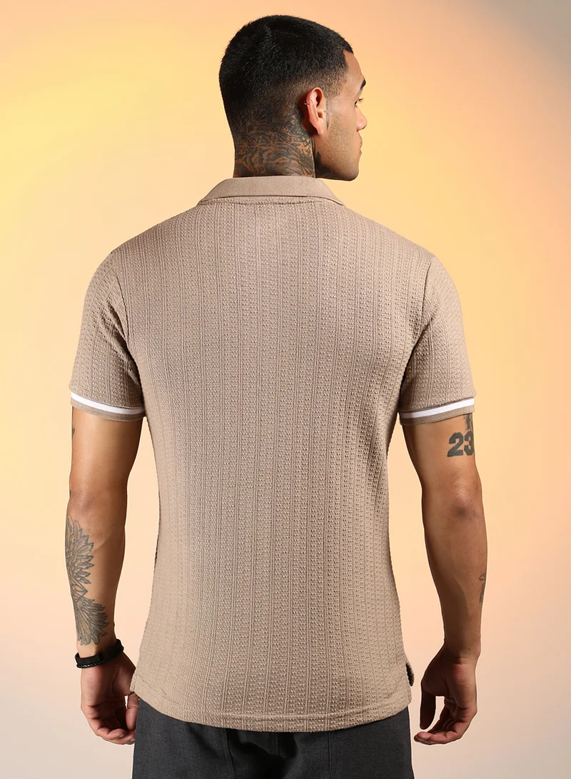 كامبوس سوترا Men's Hazelnut Beige Textured Polo T-Shirt