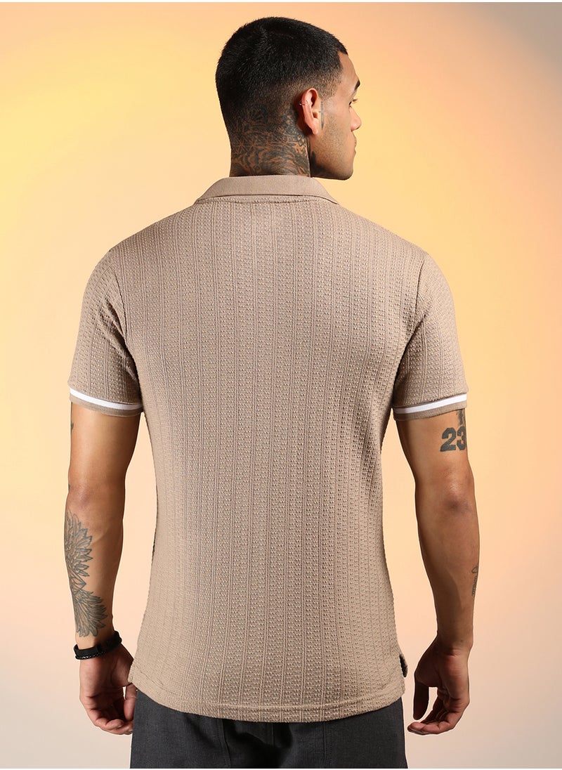 Campus Sutra Men's Hazelnut Beige Textured Polo T-Shirt  - Image 5