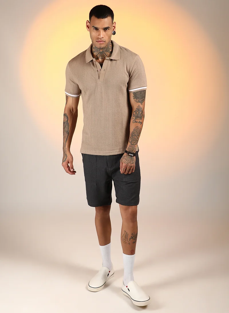 كامبوس سوترا Men's Hazelnut Beige Textured Polo T-Shirt
