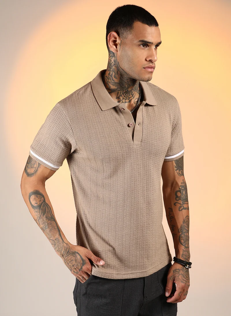 كامبوس سوترا Men's Hazelnut Beige Textured Polo T-Shirt