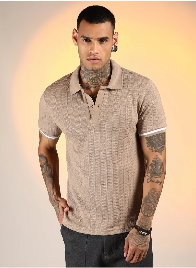 كامبوس سوترا Men's Hazelnut Beige Textured Polo T-Shirt