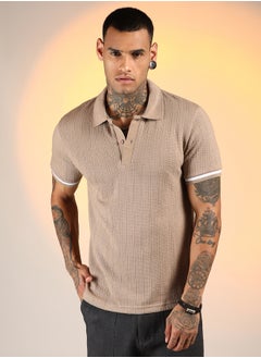 كامبوس سوترا Men's Hazelnut Beige Textured Polo T-Shirt  - Image 2