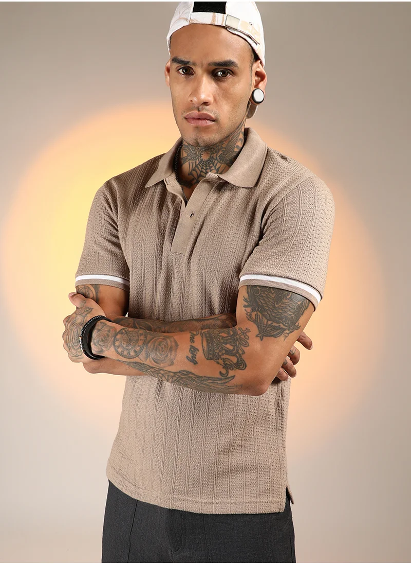 كامبوس سوترا Men's Hazelnut Beige Textured Polo T-Shirt