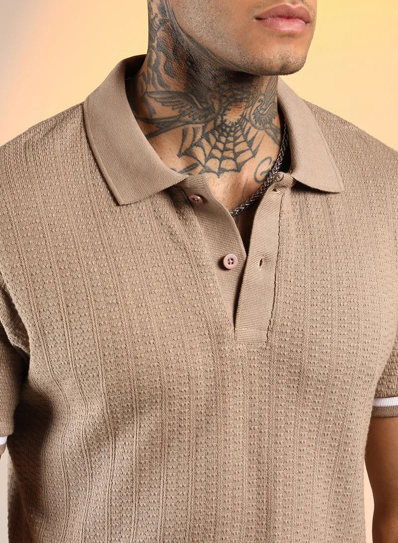 كامبوس سوترا Men's Hazelnut Beige Textured Polo T-Shirt