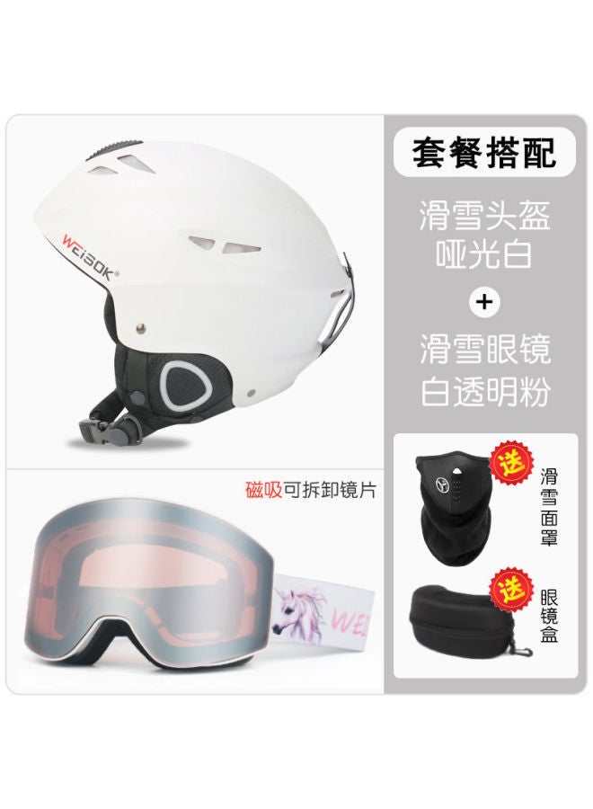 Ski Helmet with Magnetic Lens Goggles for Men Women Adults Children - Matte White + White Frame Transparent Lens