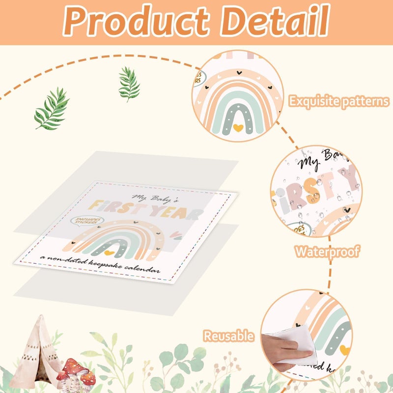 Chunnin Boho Rainbow Baby's First Year Calendar with Stickers Boho 1st Year Tracker First Year Book Baby First Year Milestones Newborn Baby Memory Calendar Keepsake for Baby Girl or Boy - Image 3