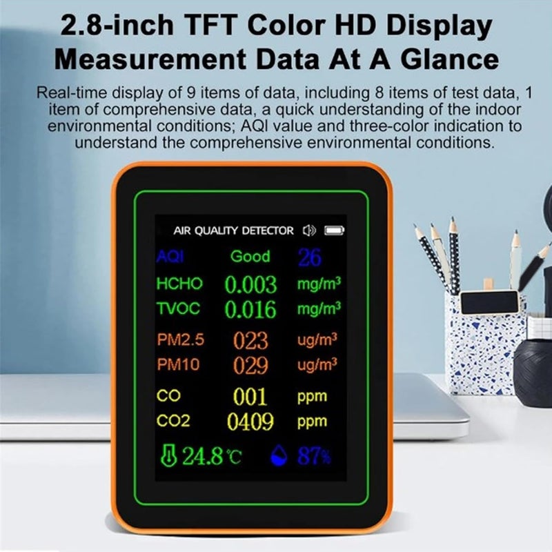 Eujgoov 12 in 1 Air Quality Detector CO2 HCHO TVOC PM2.5 PM10 Temperature Humidity Detector for Indoor Air Quality (White Orange) - Image 5