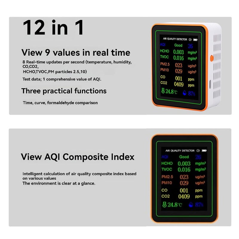 Eujgoov 12 in 1 Air Quality Detector CO2 HCHO TVOC PM2.5 PM10 Temperature Humidity Detector for Indoor Air Quality (White Orange) - Image 4