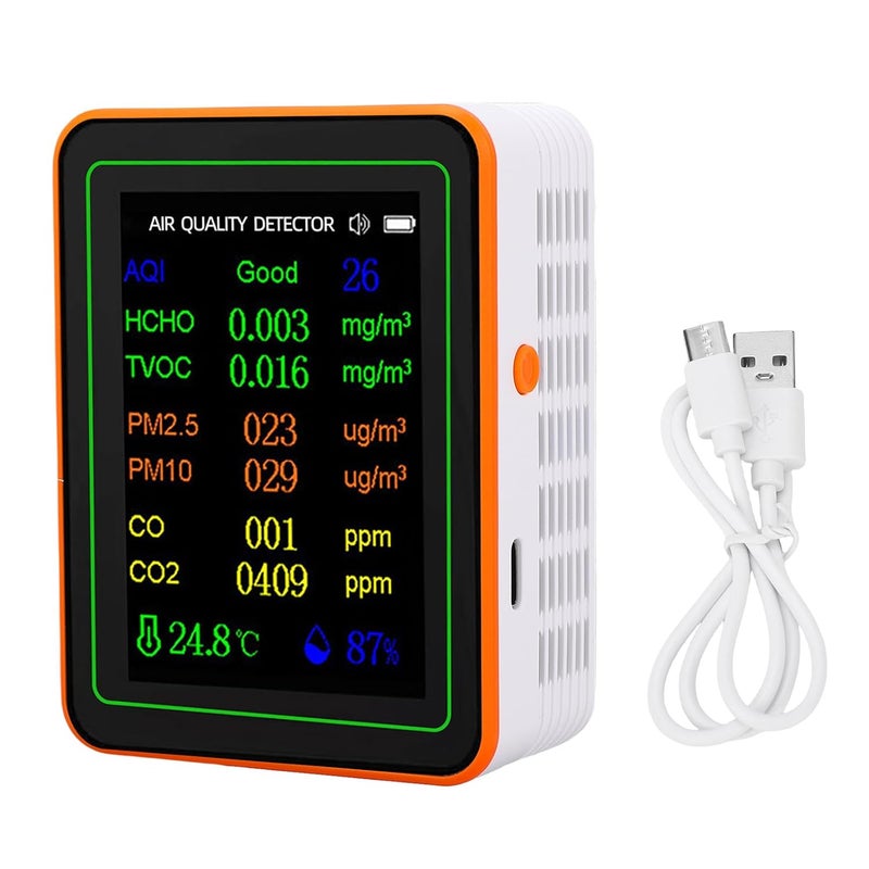 Eujgoov 12 in 1 Air Quality Detector CO2 HCHO TVOC PM2.5 PM10 Temperature Humidity Detector for Indoor Air Quality (White Orange) - Image 1