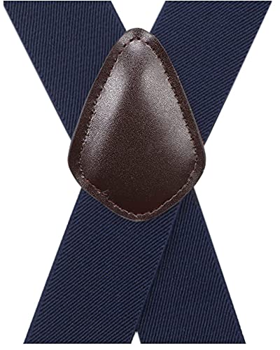 Bioterti Men’s Heavy Duty X- Back 1.4 Inch Suspenders with 4 Snap Hooks (Brown PU-Navy) - Image 2