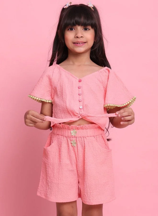 Saka Designs Girls Pink Self Design Top With Shorts